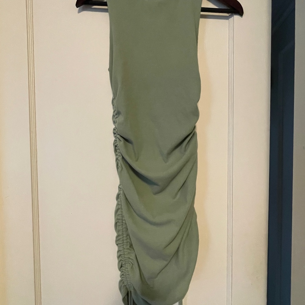 Sage Green Ribbed Drawstring Ruched Bodycon Dress